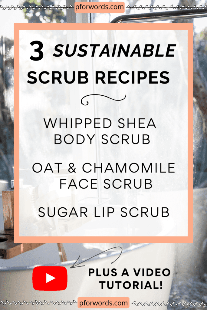 Make your own easy DIY Scrubs with natural and sustainable ingredients you probably have at home already! No weird chemicals and no plastic jars. These 3 scrubs will leave your face, body, and lips subtle, soft, and revitalized!
